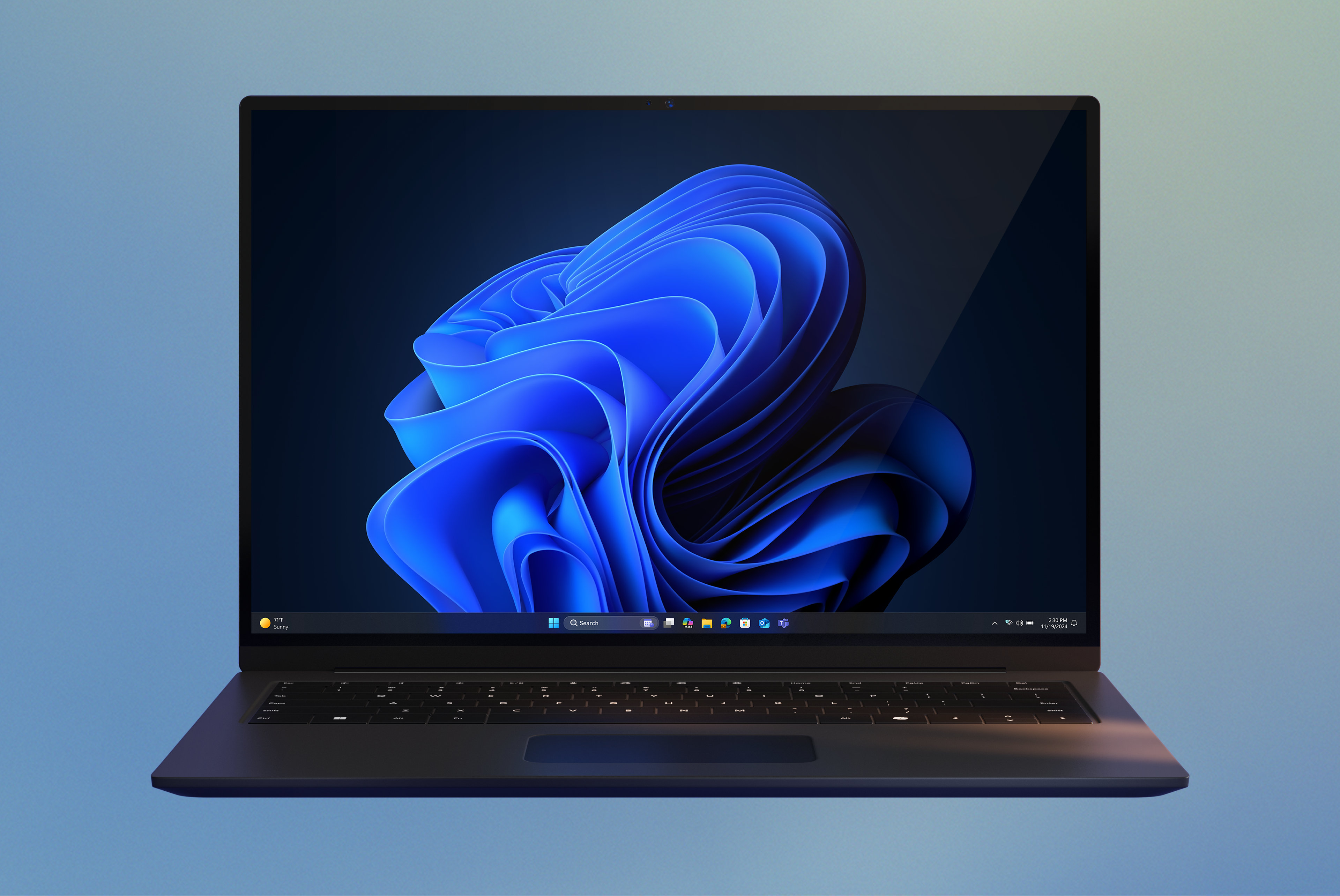 An open laptop displaying the Windows blue bloom image against a gradient blue and green background